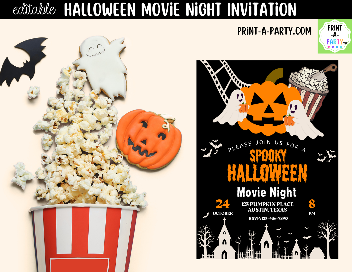 Editable Horror Movie Night Invitation | Halloween Canva Template | Instant Download