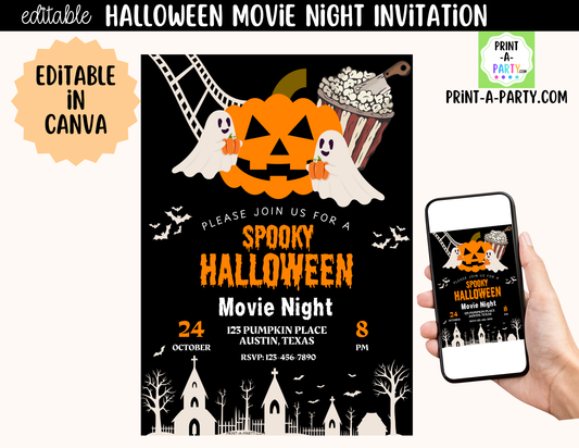Editable Horror Movie Night Invitation | Halloween Canva Template | Instant Download