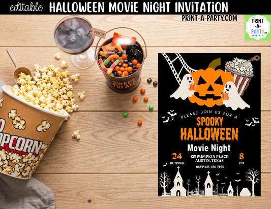 Editable Horror Movie Night Invitation | Halloween Canva Template | Instant Download