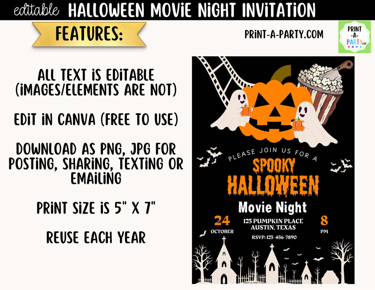 Editable Horror Movie Night Invitation | Halloween Canva Template | Instant Download