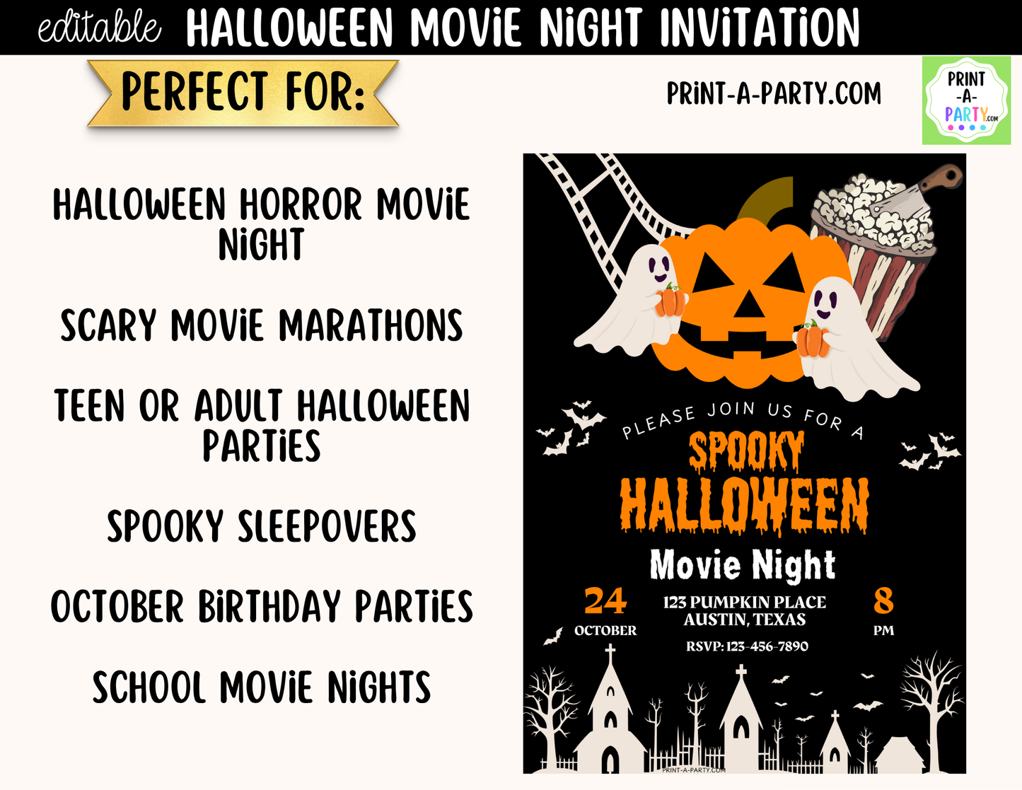 Editable Horror Movie Night Invitation | Halloween Canva Template | Instant Download
