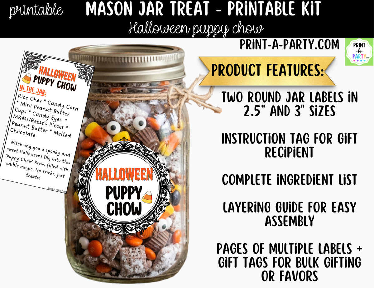 Halloween Puppy Chow Jar Kit | Labels, Tag, Recipe & Instructions