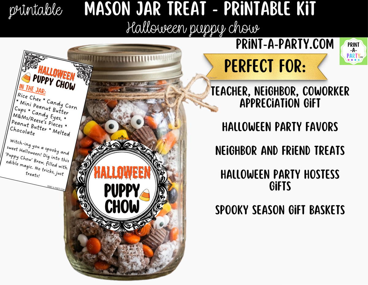 Halloween Puppy Chow Jar Kit | Labels, Tag, Recipe & Instructions