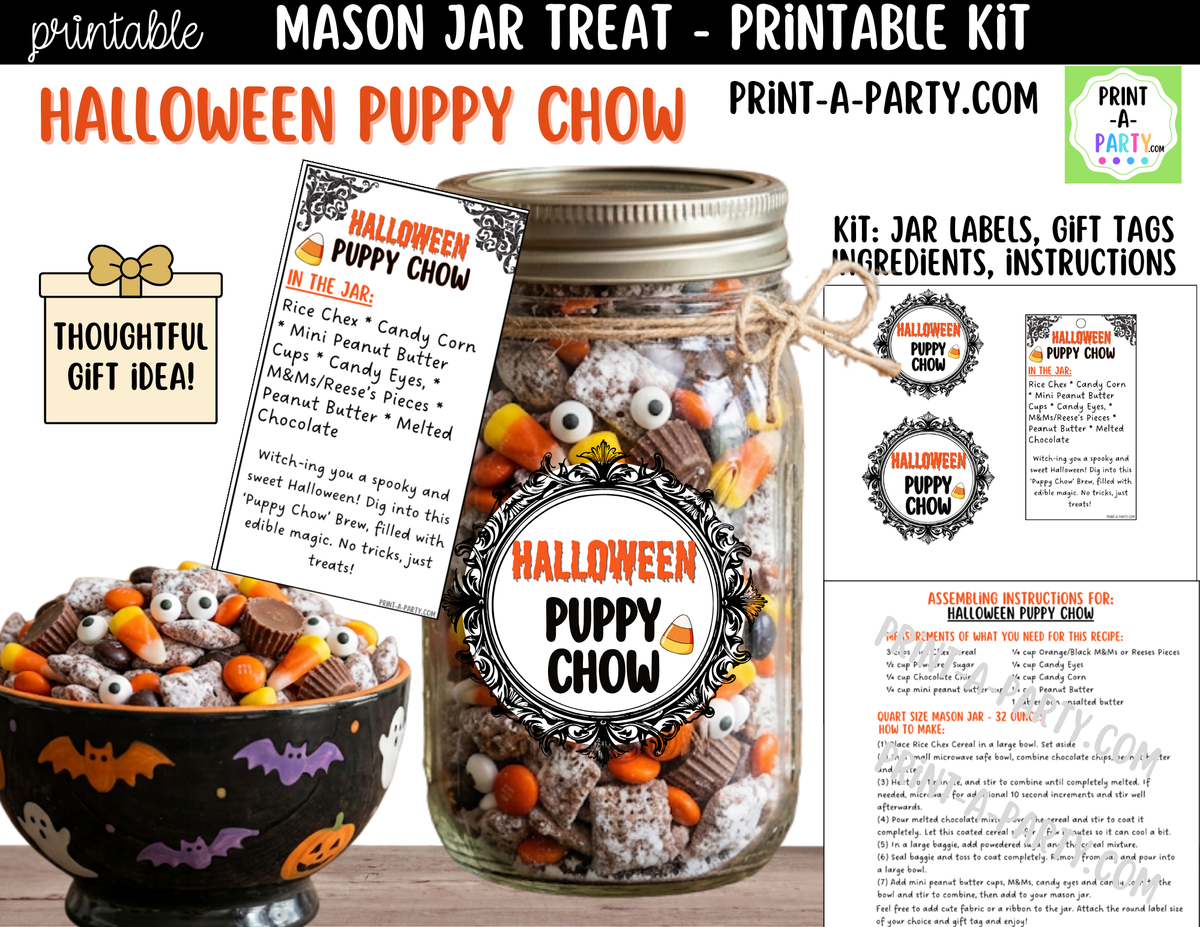 Halloween Puppy Chow Jar Kit | Labels, Tag, Recipe & Instructions