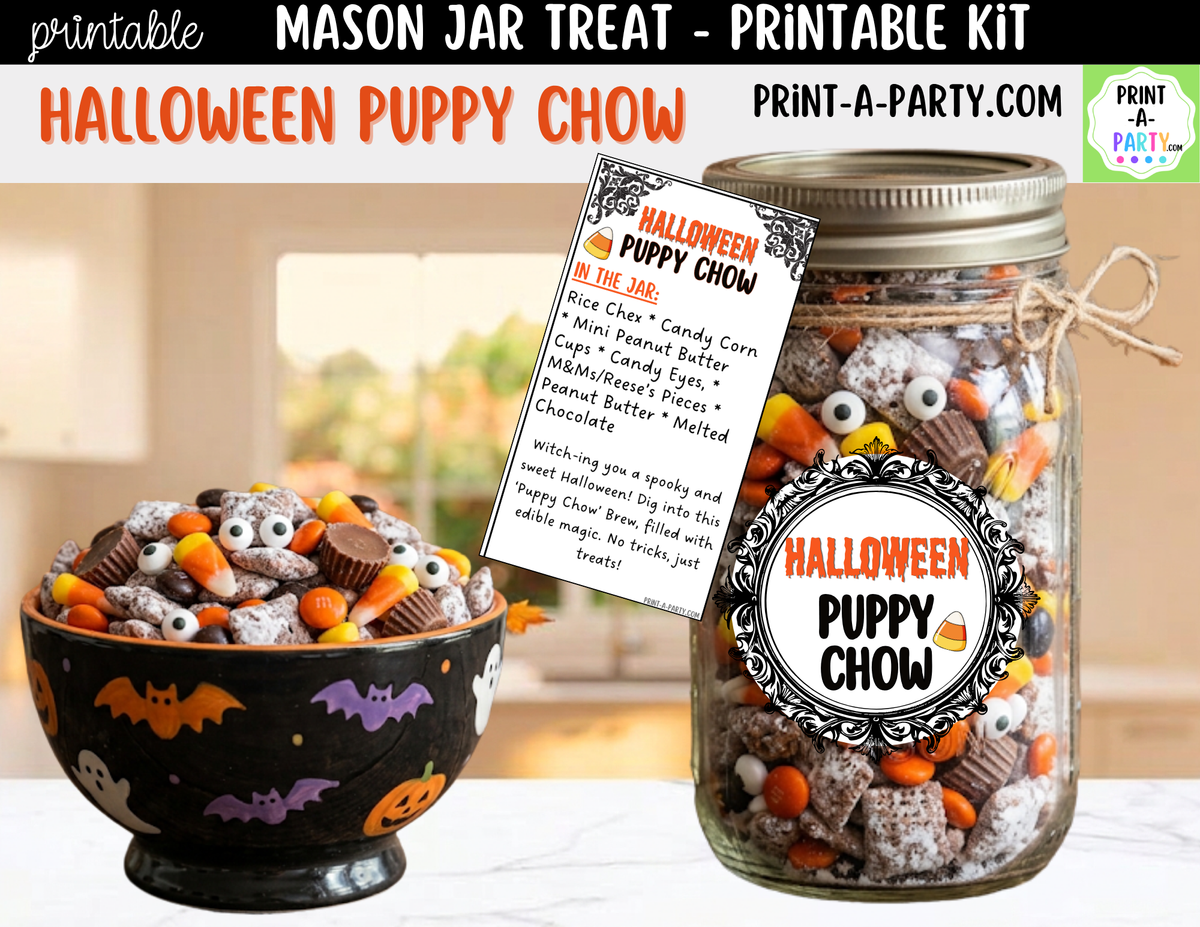 Halloween Puppy Chow Jar Kit | Labels, Tag, Recipe & Instructions