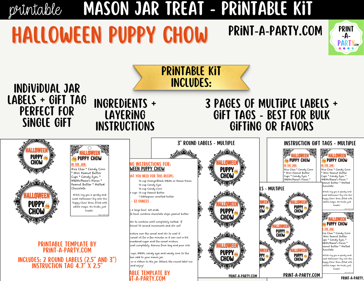 Halloween Puppy Chow Jar Kit | Labels, Tag, Recipe & Instructions