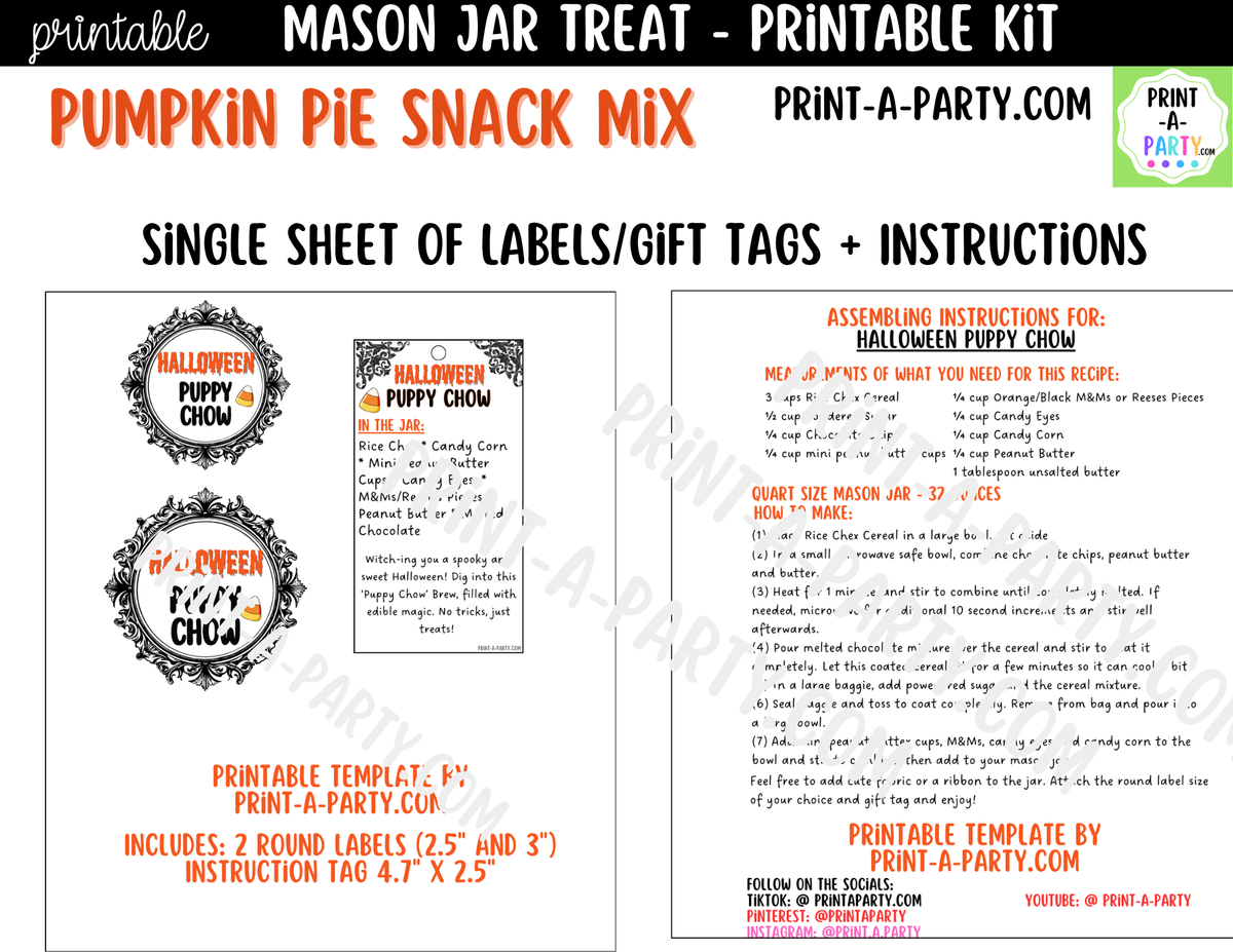 Halloween Puppy Chow Jar Kit | Labels, Tag, Recipe & Instructions