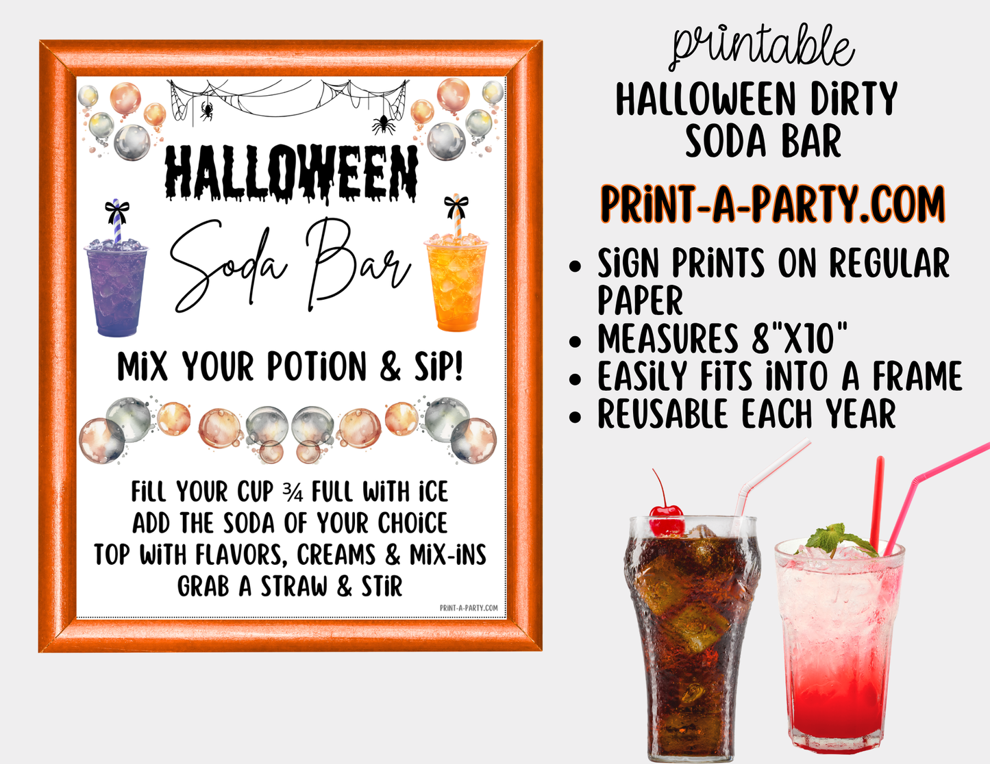 Halloween "Dirty" Soda Bar Printable Kit - Sign (8x10) & Recipe Tent Cards (12 recipes!) Drink Station Decor