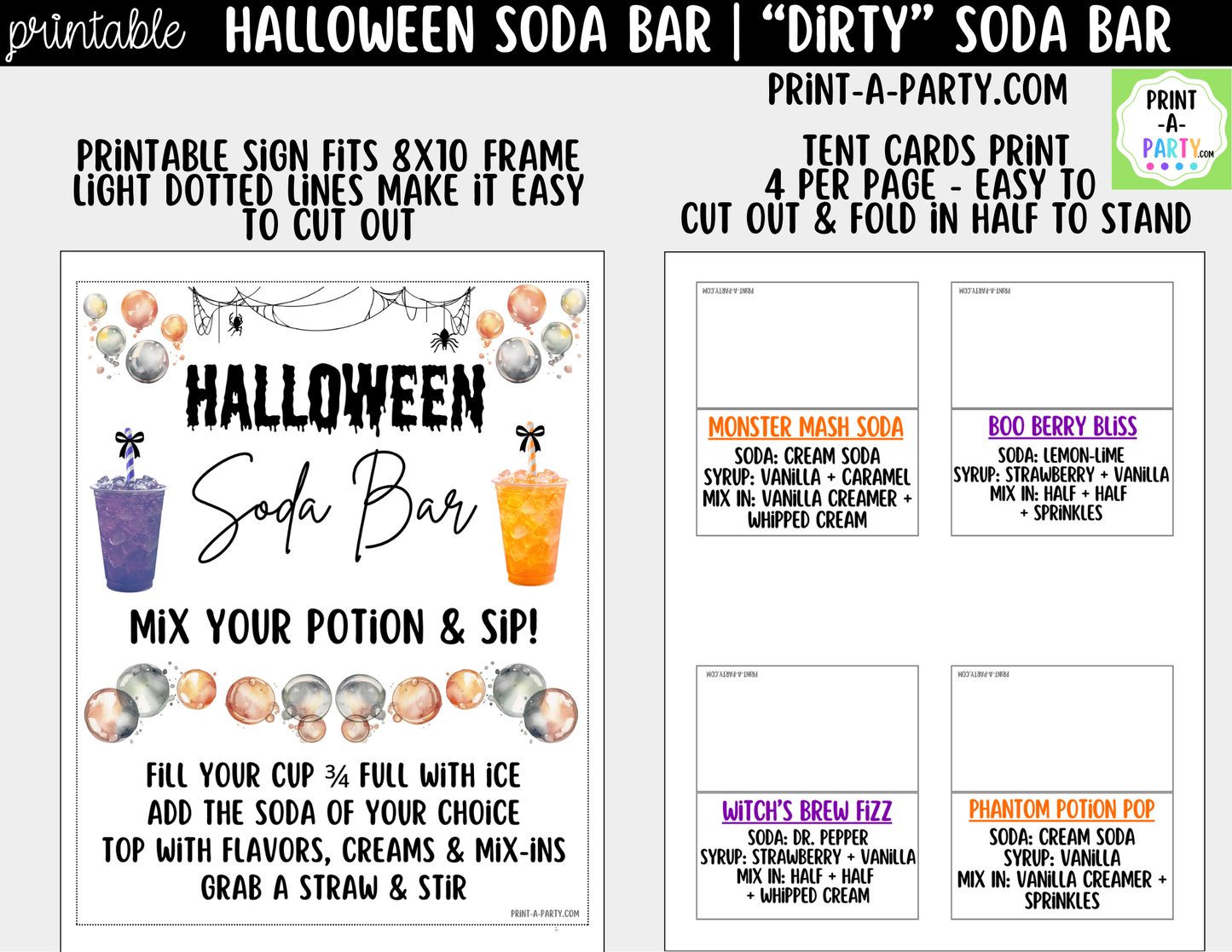 Halloween "Dirty" Soda Bar Printable Kit - Sign (8x10) & Recipe Tent Cards (12 recipes!) Drink Station Decor