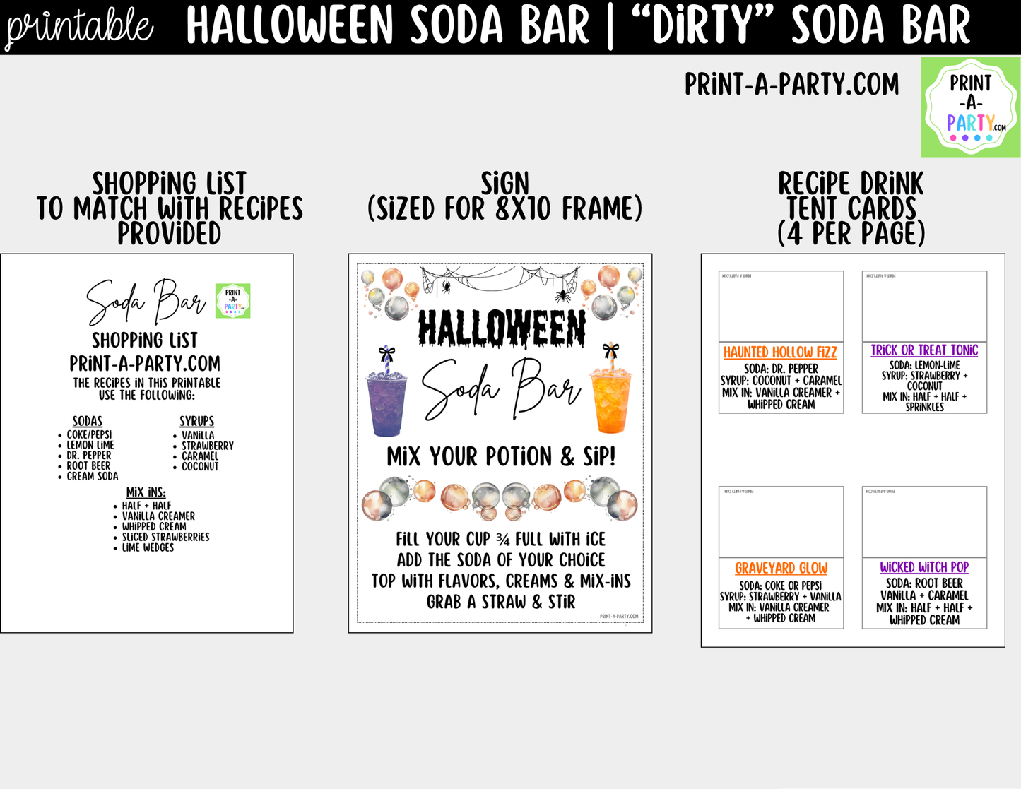 Halloween "Dirty" Soda Bar Printable Kit - Sign (8x10) & Recipe Tent Cards (12 recipes!) Drink Station Decor