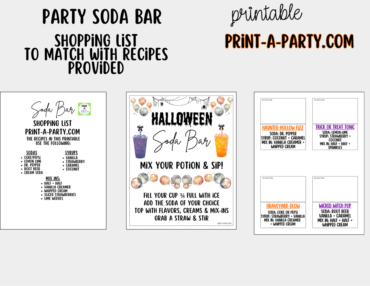 Halloween "Dirty" Soda Bar Printable Kit - Sign (8x10) & Recipe Tent Cards (12 recipes!) Drink Station Decor