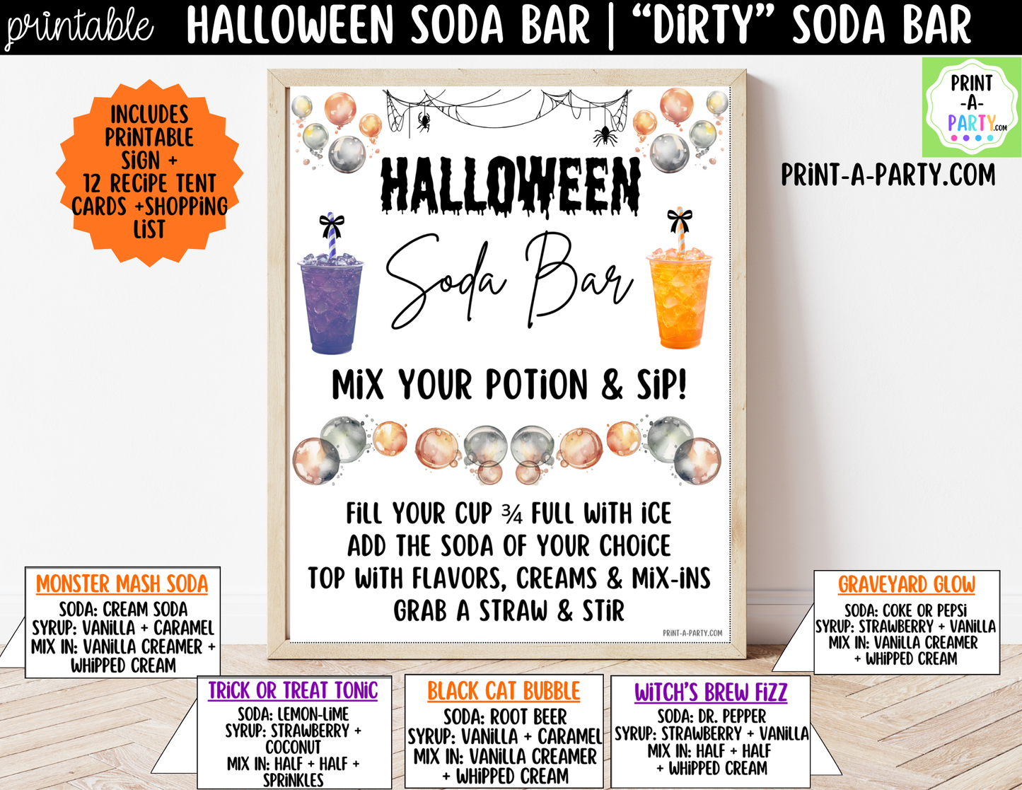 Halloween "Dirty" Soda Bar Printable Kit - Sign (8x10) & Recipe Tent Cards (12 recipes!) Drink Station Decor