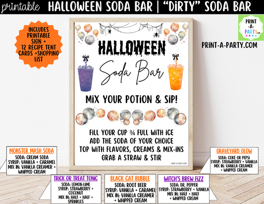 Halloween "Dirty" Soda Bar Printable Kit - Sign (8x10) & Recipe Tent Cards (12 recipes!) Drink Station Decor
