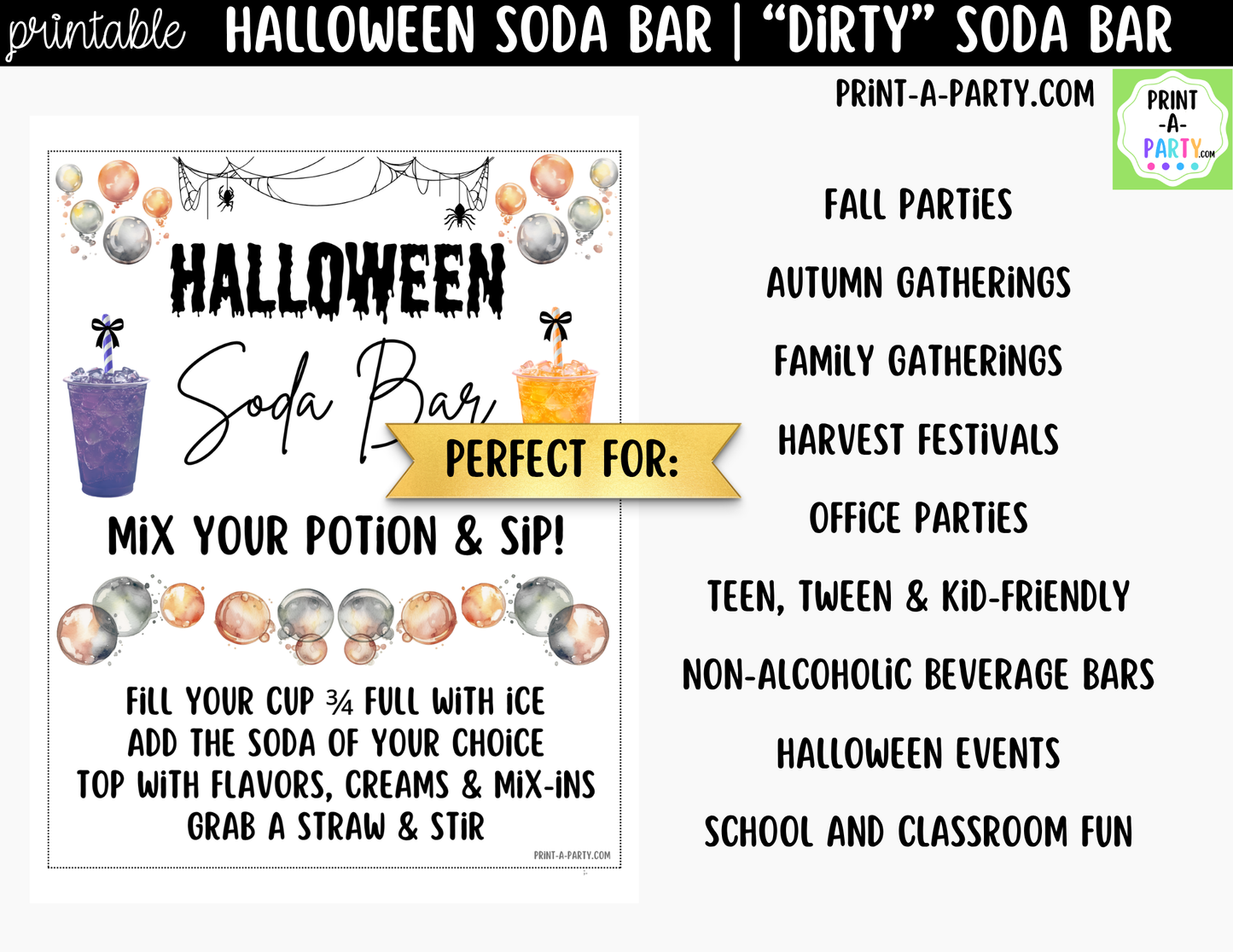 Halloween "Dirty" Soda Bar Printable Kit - Sign (8x10) & Recipe Tent Cards (12 recipes!) Drink Station Decor