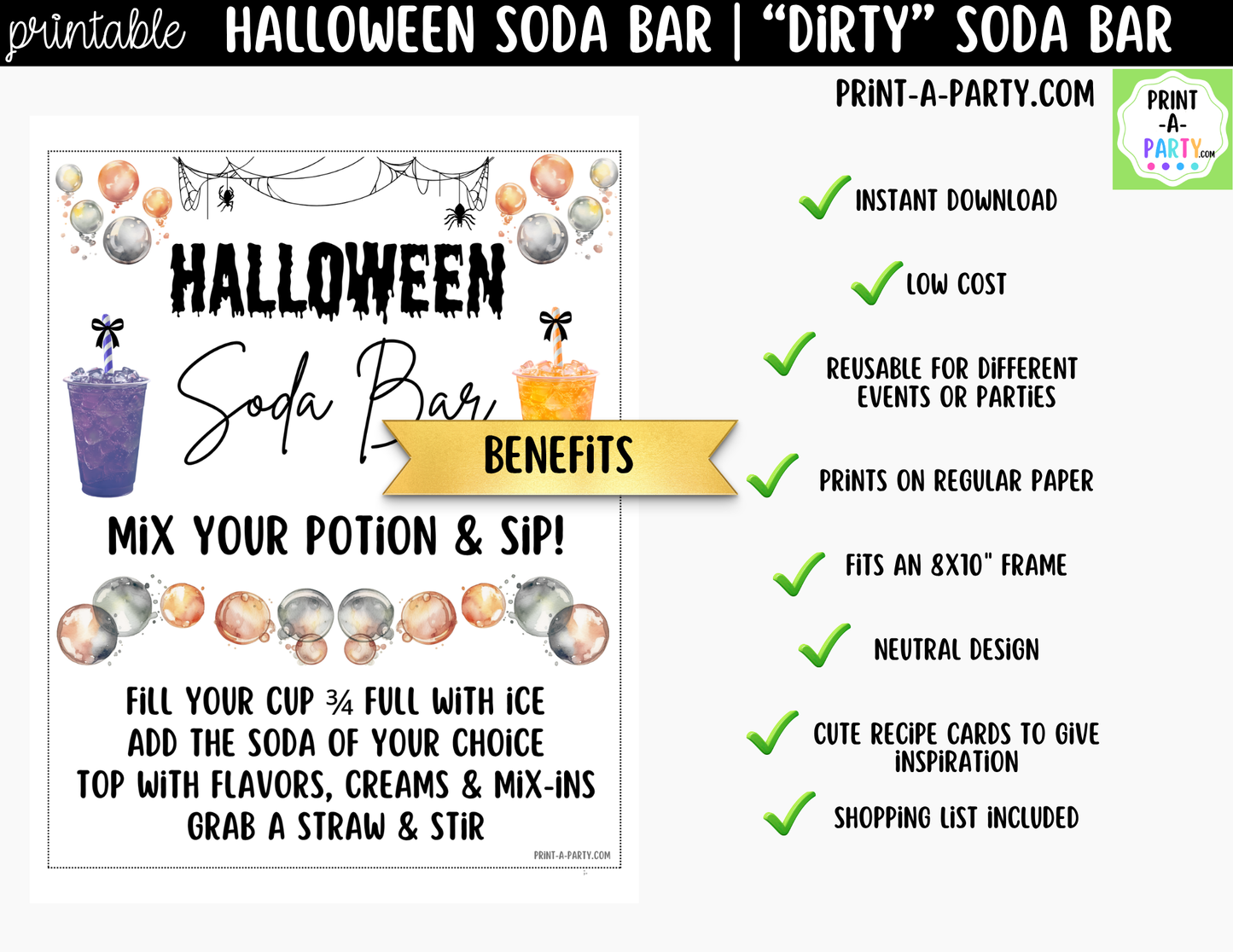 Halloween "Dirty" Soda Bar Printable Kit - Sign (8x10) & Recipe Tent Cards (12 recipes!) Drink Station Decor