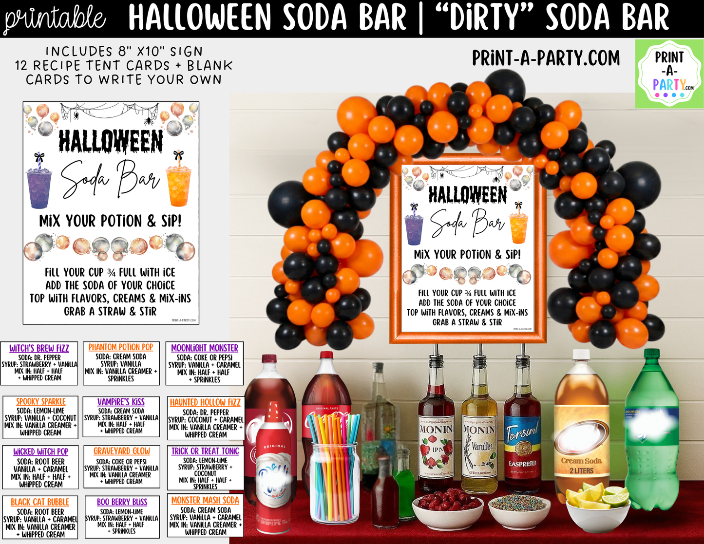 Halloween "Dirty" Soda Bar Printable Kit - Sign (8x10) & Recipe Tent Cards (12 recipes!) Drink Station Decor