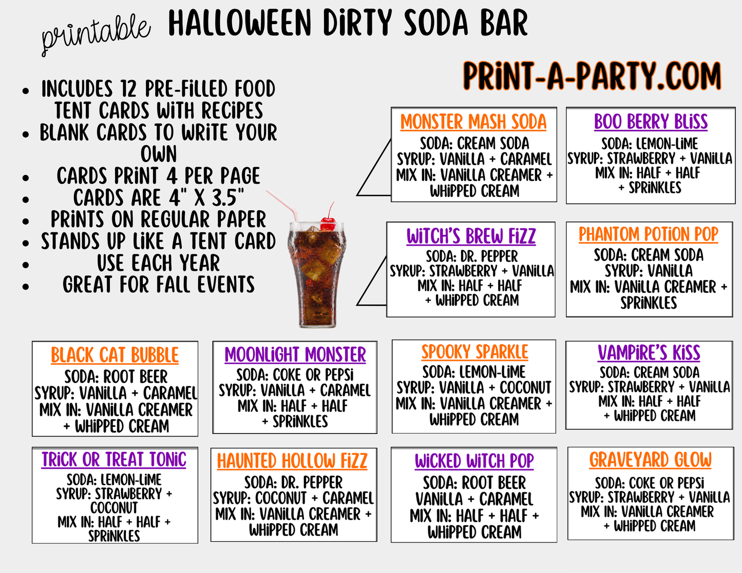 Halloween "Dirty" Soda Bar Printable Kit - Sign (8x10) & Recipe Tent Cards (12 recipes!) Drink Station Decor