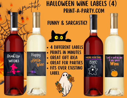 WINE LABELS: Halloween (4) Wine | Chalkboard Wine Labels | Sarcastic Wine | Funny | Printable | INSTANT DOWNLOAD - Use each year!