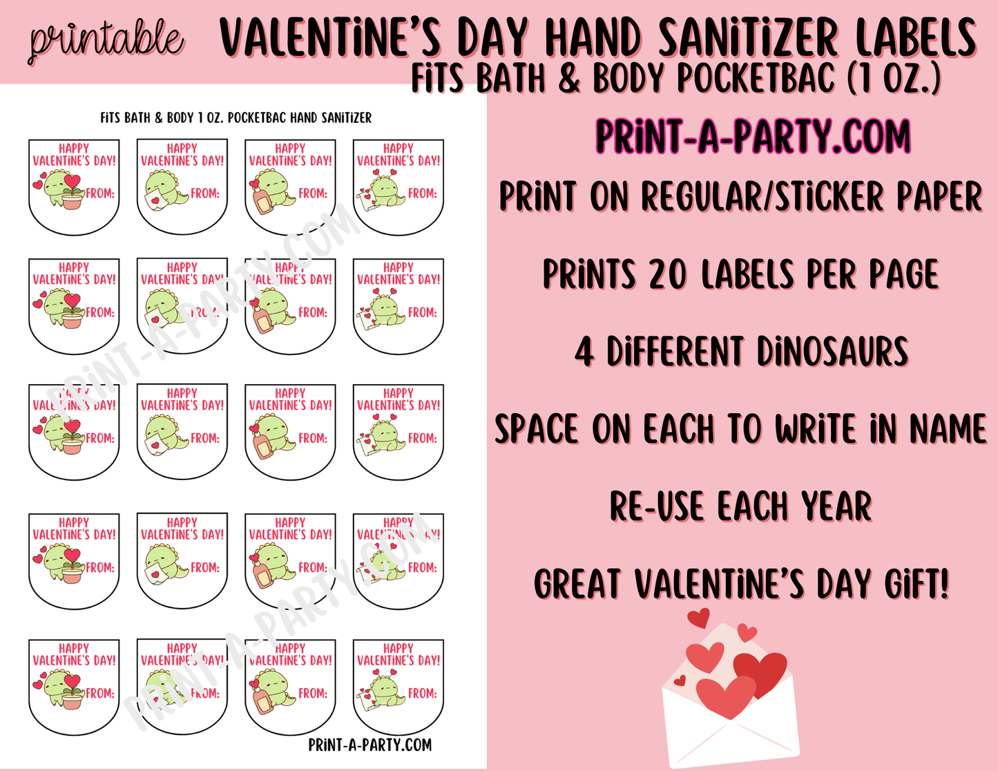 DIY Valentine’s Day Hand Sanitizer Labels -Dinosaur theme – Printable Classroom Valentines for PocketBac 1 oz Bottles