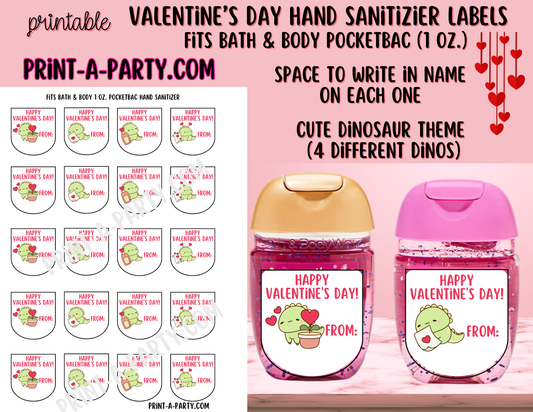DIY Valentine’s Day Hand Sanitizer Labels -Dinosaur theme – Printable Classroom Valentines for PocketBac 1 oz Bottles