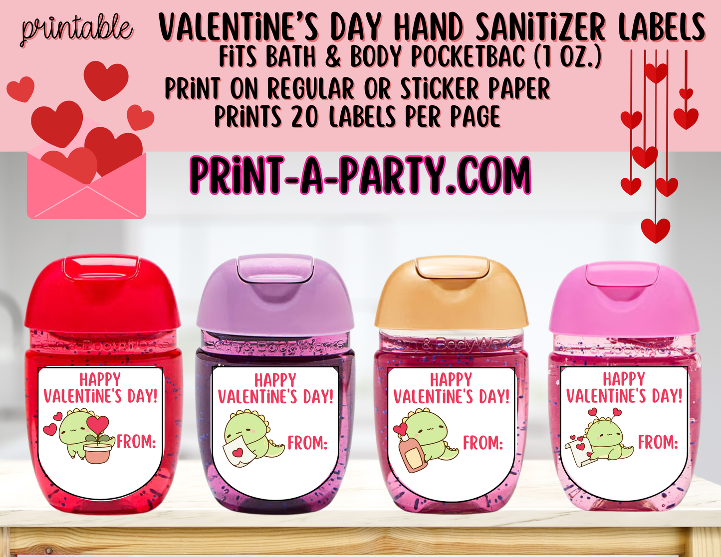 DIY Valentine’s Day Hand Sanitizer Labels -Dinosaur theme – Printable Classroom Valentines for PocketBac 1 oz Bottles