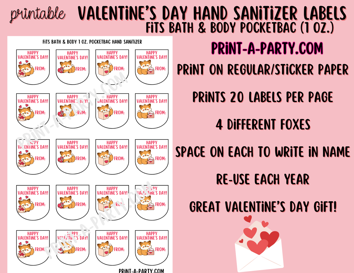 DIY Valentine’s Day Hand Sanitizer Labels - Fox theme – Printable Classroom Valentines for PocketBac 1 oz Bottles