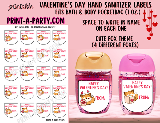 DIY Valentine’s Day Hand Sanitizer Labels - Fox theme – Printable Classroom Valentines for PocketBac 1 oz Bottles