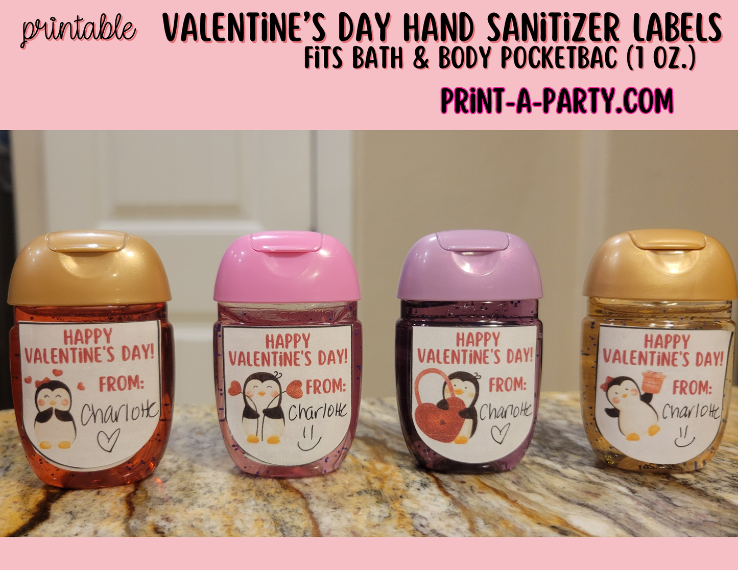 DIY Valentine’s Day Hand Sanitizer Labels - Penguin theme – Printable Classroom Valentines for PocketBac 1 oz Bottles