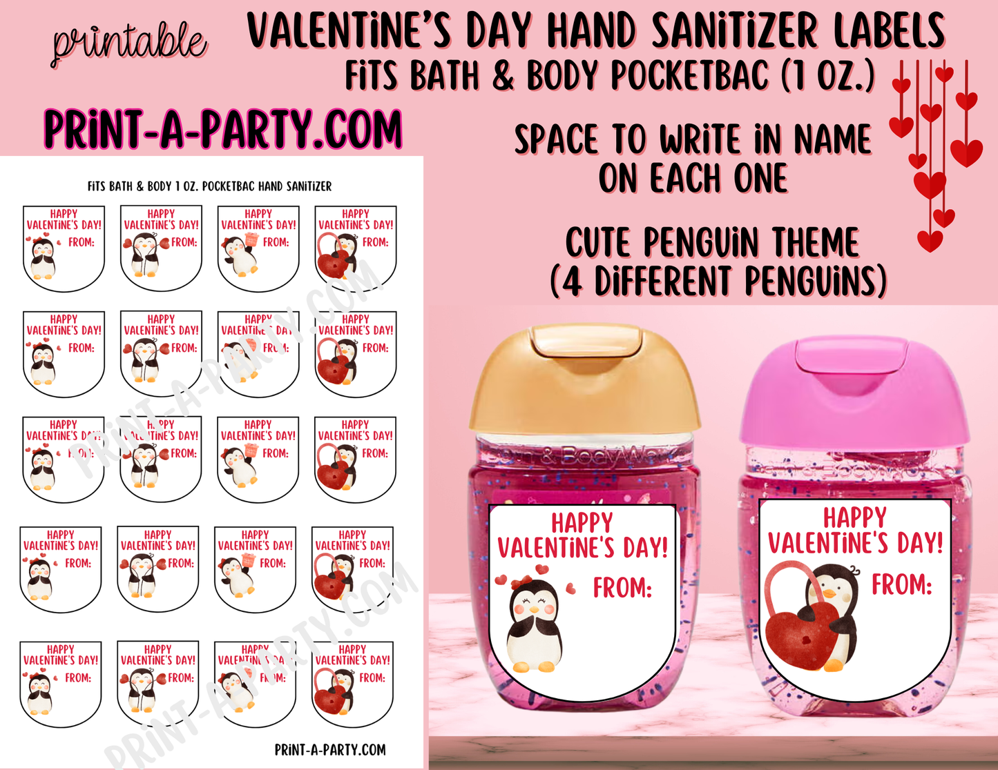 DIY Valentine’s Day Hand Sanitizer Labels - Penguin theme – Printable Classroom Valentines for PocketBac 1 oz Bottles