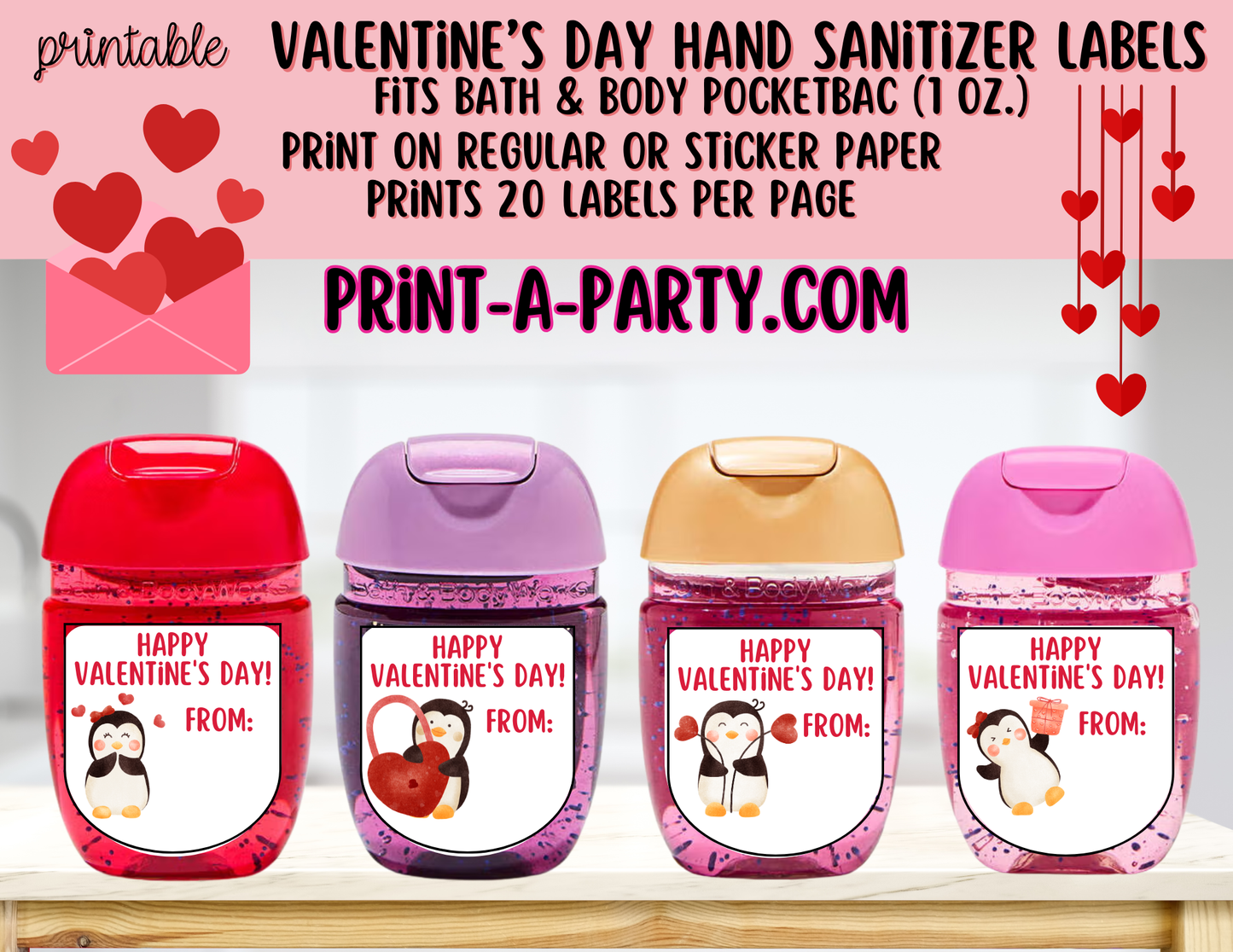 DIY Valentine’s Day Hand Sanitizer Labels - Penguin theme – Printable Classroom Valentines for PocketBac 1 oz Bottles