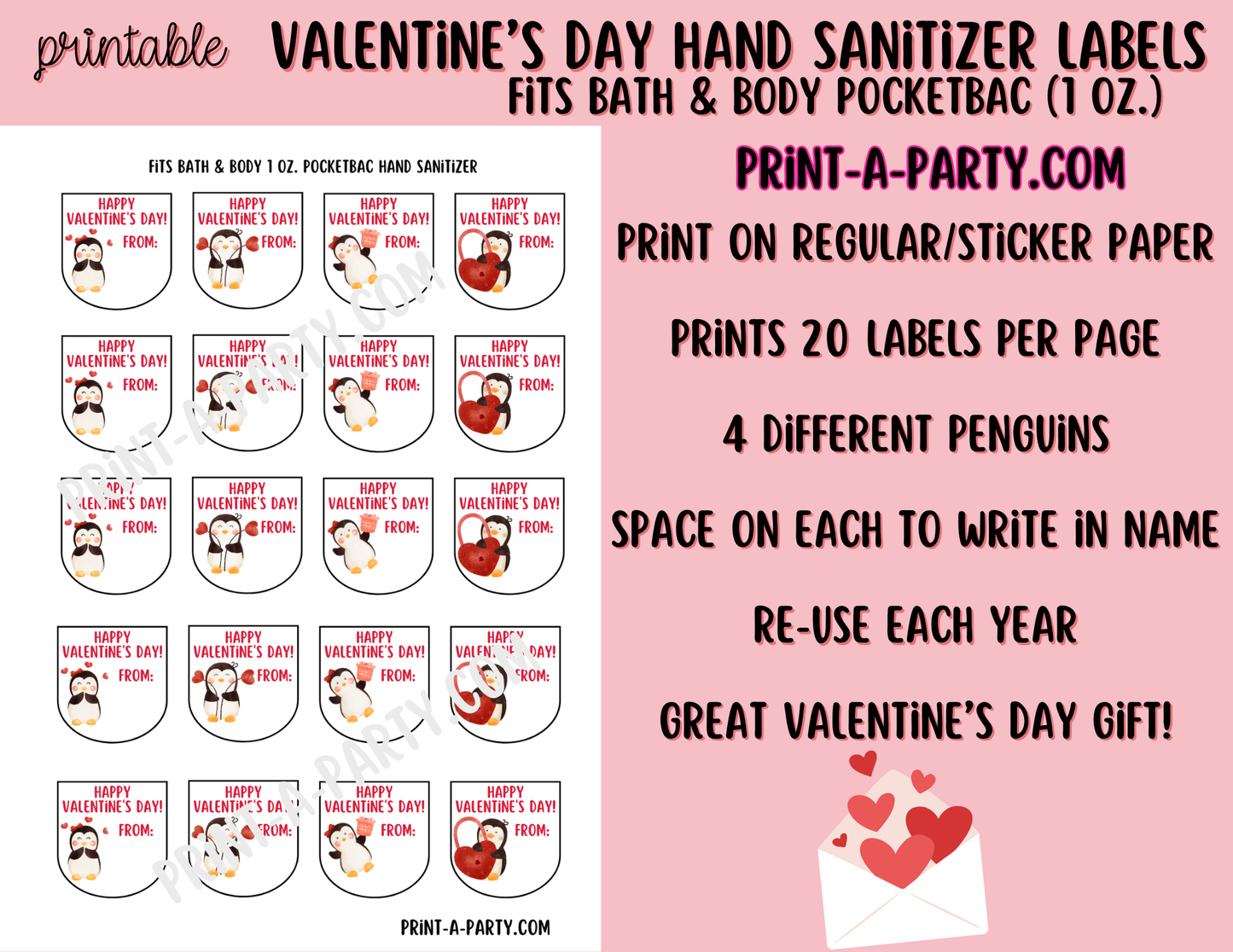 DIY Valentine’s Day Hand Sanitizer Labels - Penguin theme – Printable Classroom Valentines for PocketBac 1 oz Bottles