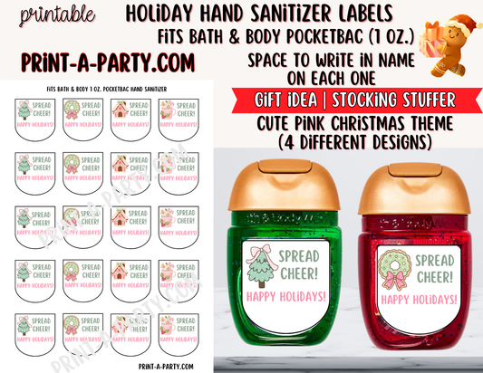 DIY Holiday Hand Sanitizer Labels -Pink Christmas theme – Printable Holiday tags for PocketBac 1 oz bottles