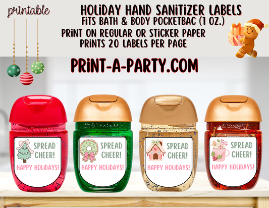 DIY Holiday Hand Sanitizer Labels -Pink Christmas theme – Printable Holiday tags for PocketBac 1 oz bottles