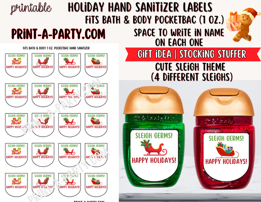 DIY Holiday Hand Sanitizer Labels -Sleigh theme – Printable Holiday tags for PocketBac 1 oz bottles