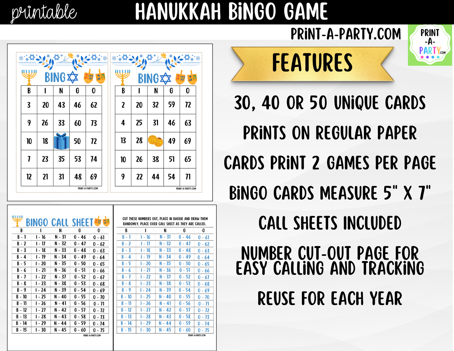 Hanukkah Bingo Game Printable | 30, 40 or 50 Cards | Kids, Adults & Hebrew School