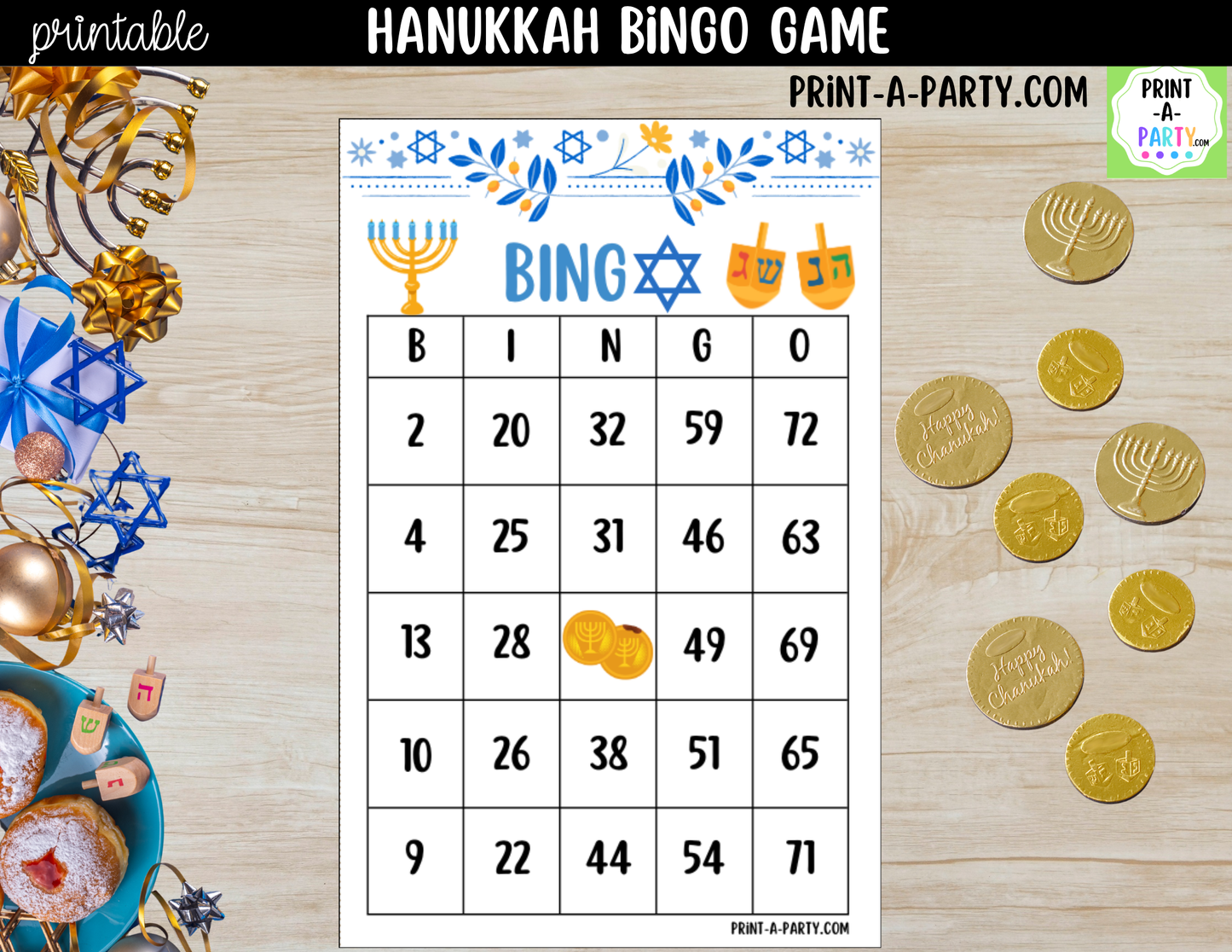 Hanukkah Bingo Game Printable | 30, 40 or 50 Cards | Kids, Adults & Hebrew School