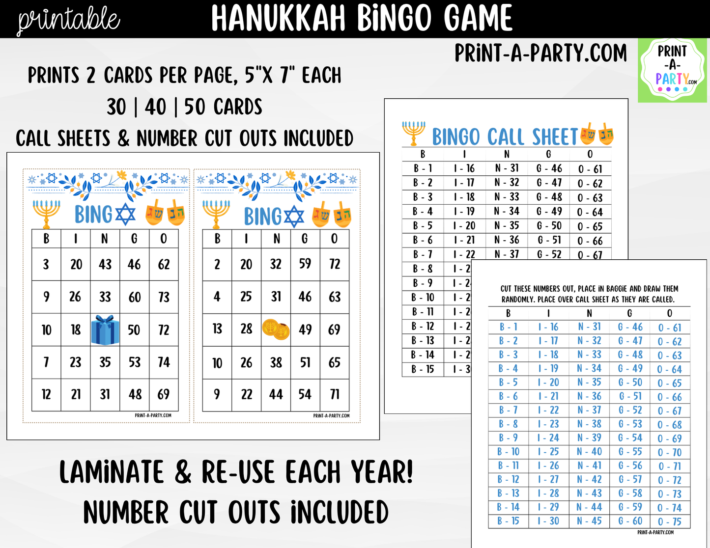 Hanukkah Bingo Game Printable | 30, 40 or 50 Cards | Kids, Adults & Hebrew School