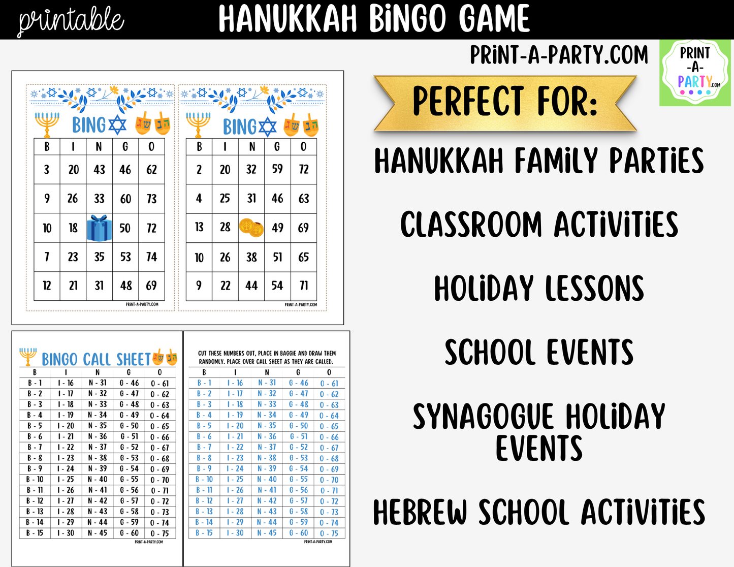 Hanukkah Bingo Game Printable | 30, 40 or 50 Cards | Kids, Adults & Hebrew School