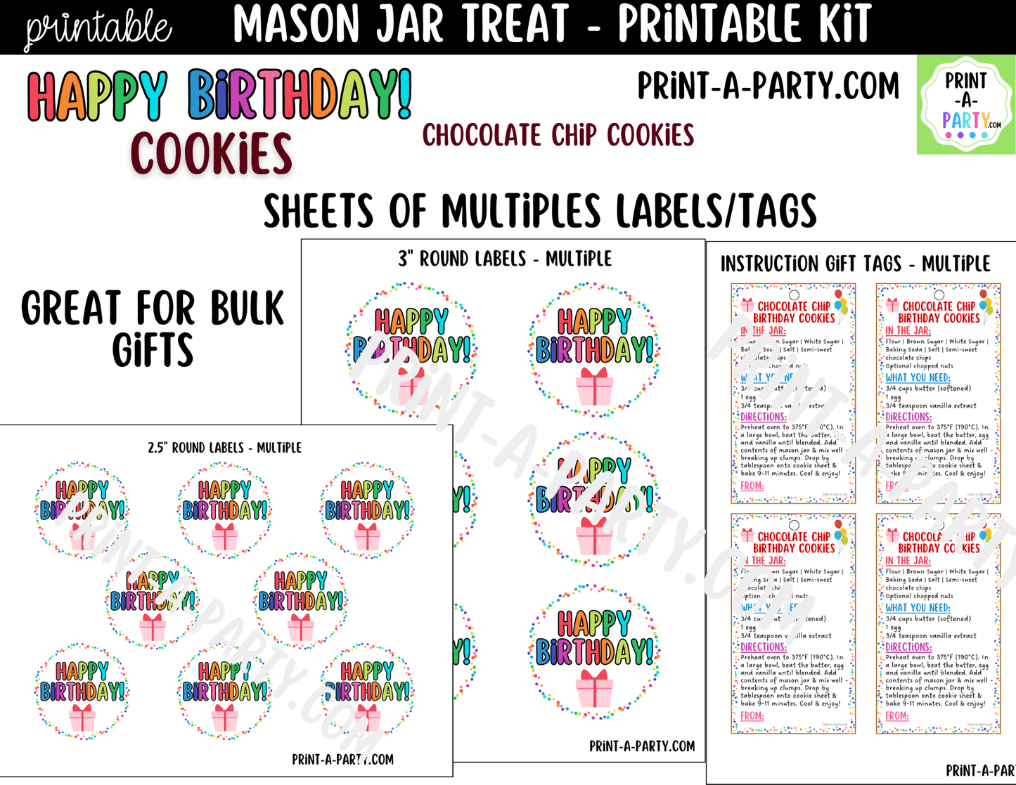 Birthday Chocolate Chip Cookies in a Mason Jar Gift Printable Kit - Labels, Tag, Recipe & Instructions