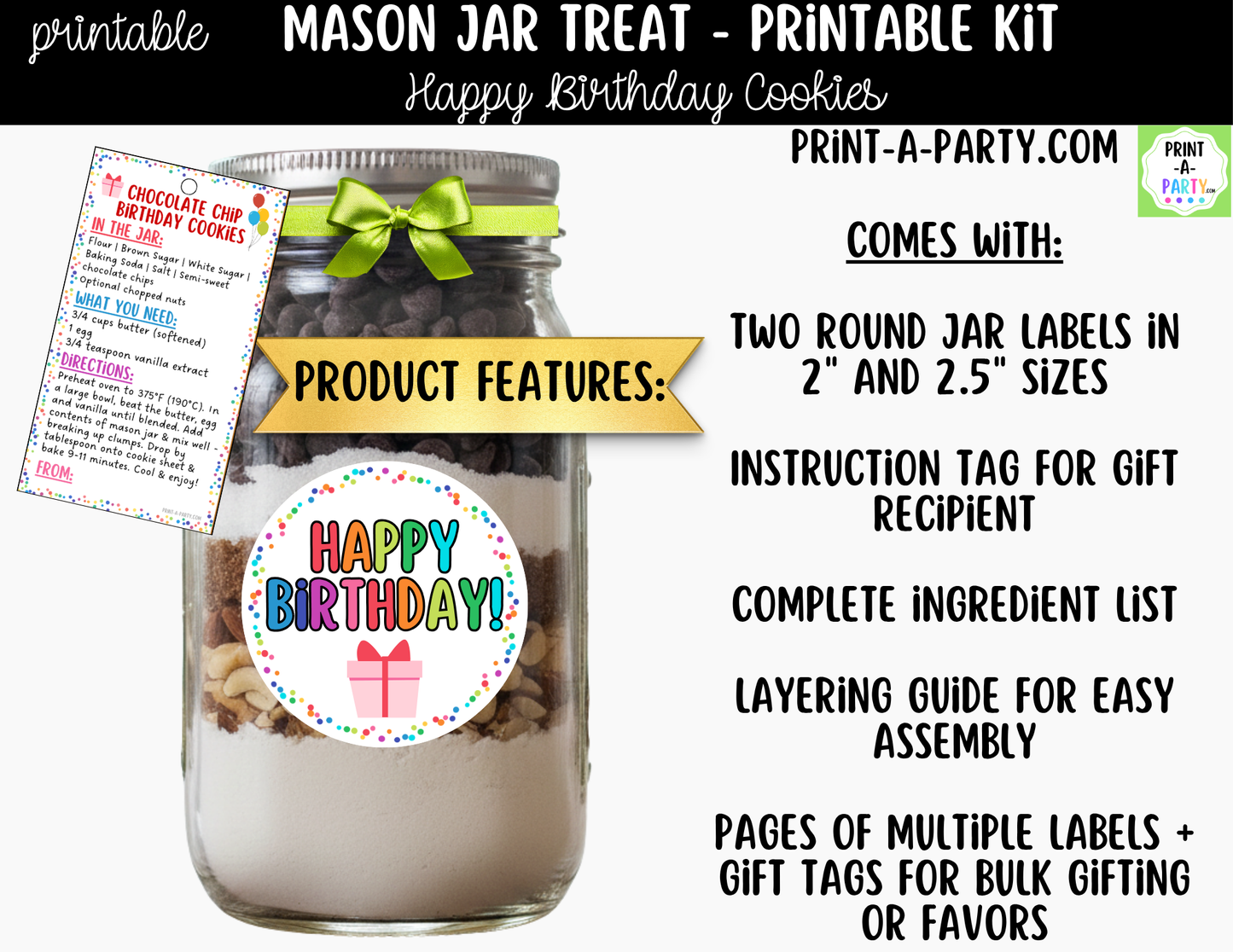 Birthday Chocolate Chip Cookies in a Mason Jar Gift Printable Kit - Labels, Tag, Recipe & Instructions