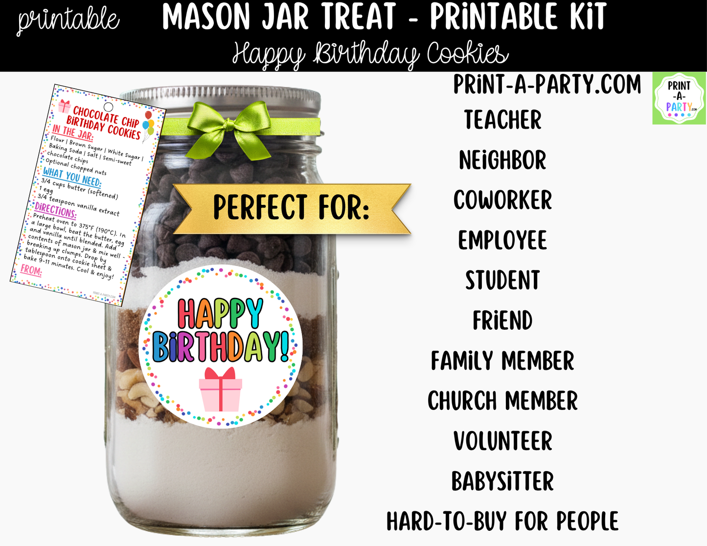 Birthday Chocolate Chip Cookies in a Mason Jar Gift Printable Kit - Labels, Tag, Recipe & Instructions