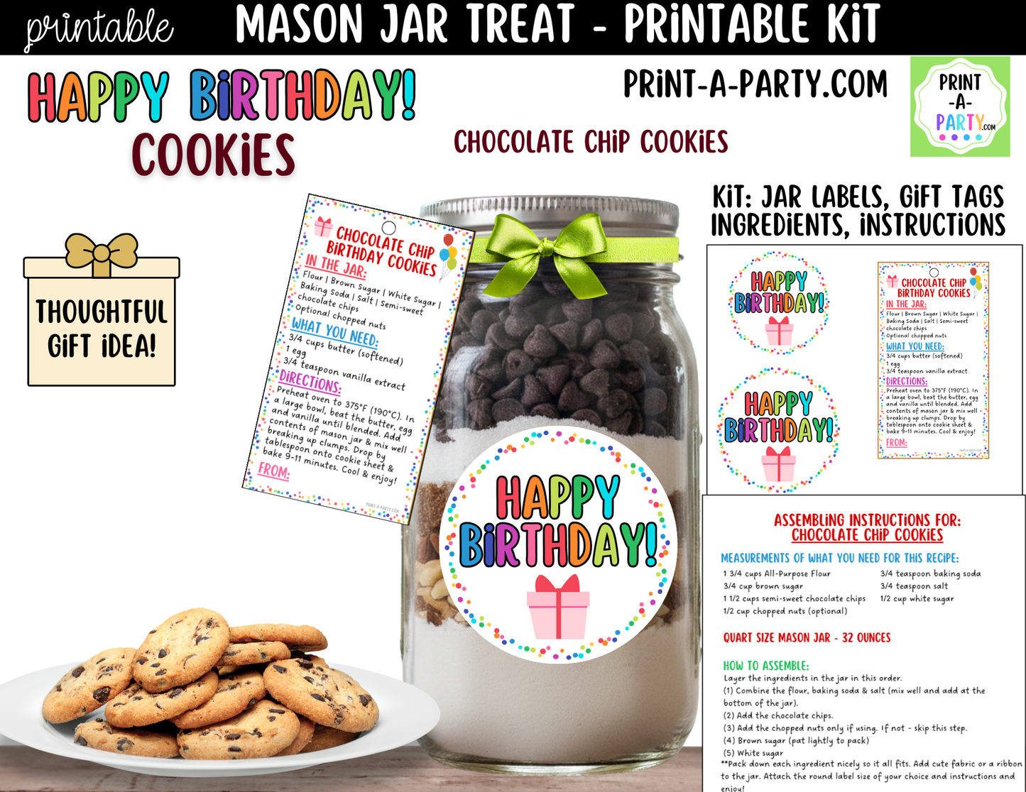 Birthday Chocolate Chip Cookies in a Mason Jar Gift Printable Kit - Labels, Tag, Recipe & Instructions