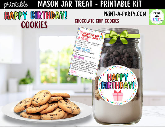 Birthday Chocolate Chip Cookies in a Mason Jar Gift Printable Kit - Labels, Tag, Recipe & Instructions
