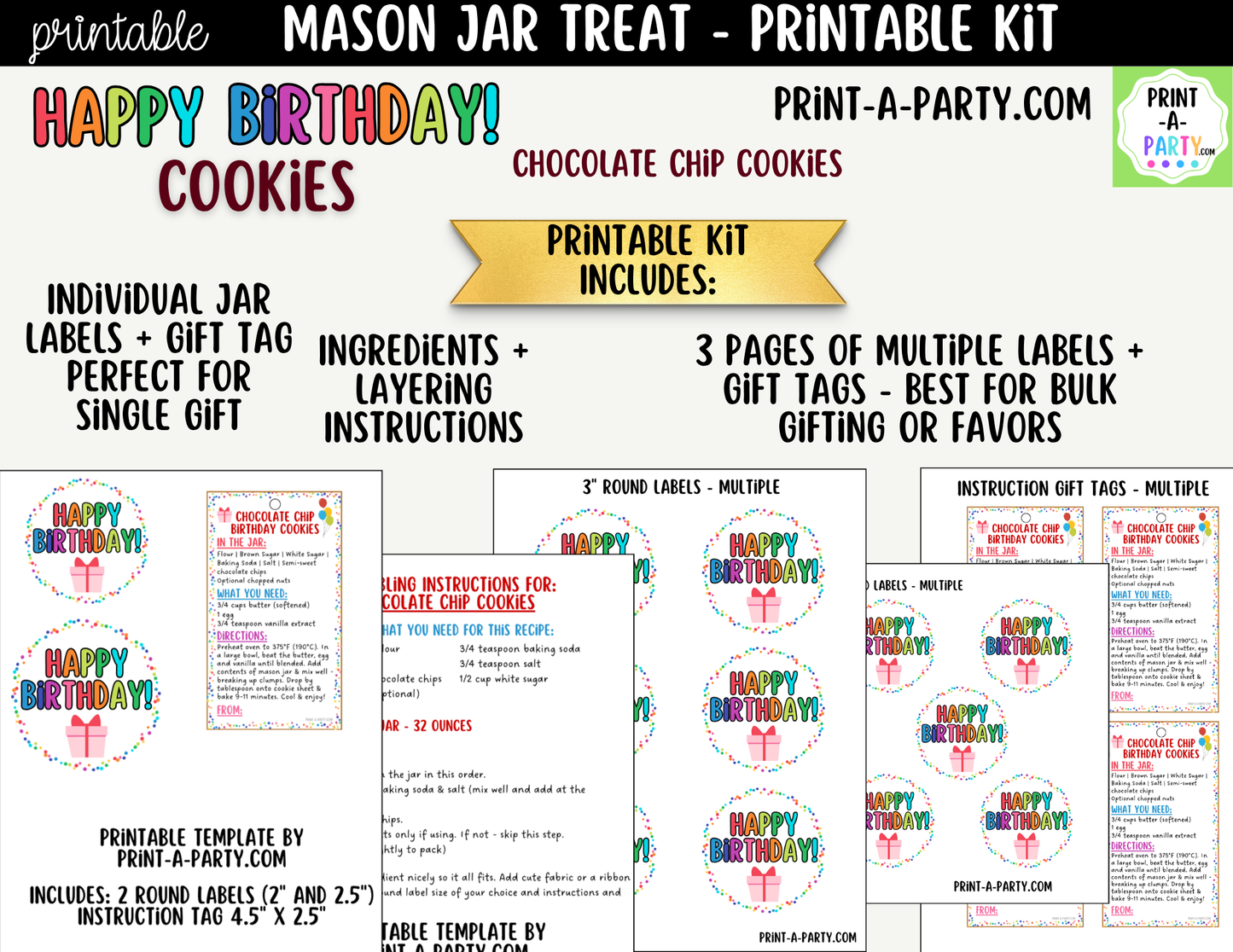 Birthday Chocolate Chip Cookies in a Mason Jar Gift Printable Kit - Labels, Tag, Recipe & Instructions