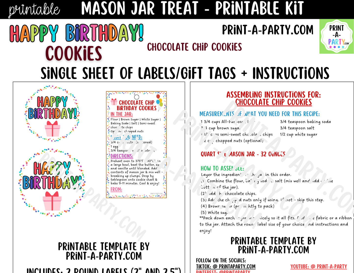 Birthday Chocolate Chip Cookies in a Mason Jar Gift Printable Kit - Labels, Tag, Recipe & Instructions