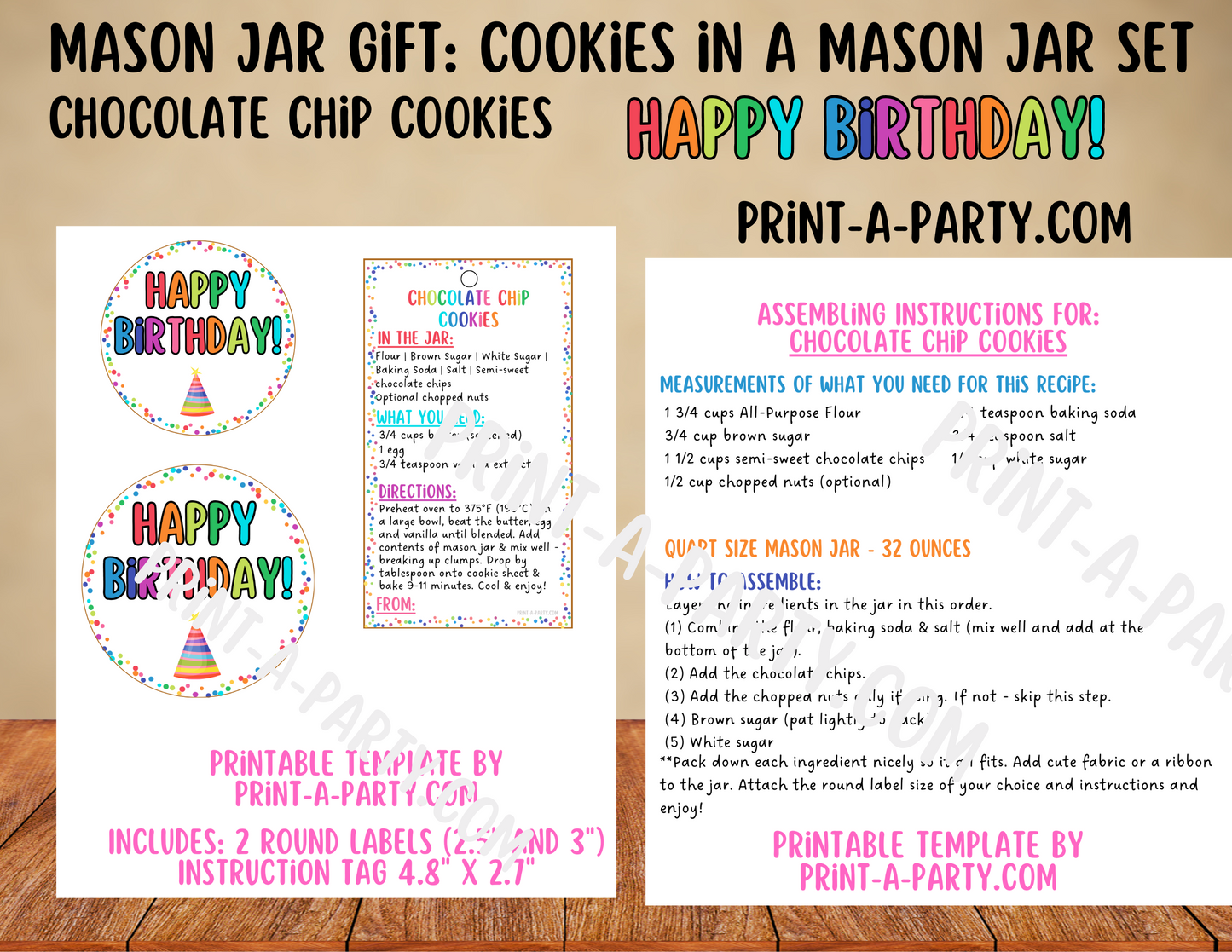 MASON JAR COOKIE GIFT: Birthday Chocolate Chip Cookies in a Mason Jar | Cookie in a jar Birthday Gift | Mason Jar Gift Kit | Mason Jar Gift Idea | Birthday Gift Idea | Birthday Cookies