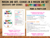 MASON JAR COOKIE GIFT: Birthday Chocolate Chip Cookies in a Mason Jar | Cookie in a jar Birthday Gift | Mason Jar Gift Kit | Mason Jar Gift Idea | Birthday Gift Idea | Birthday Cookies