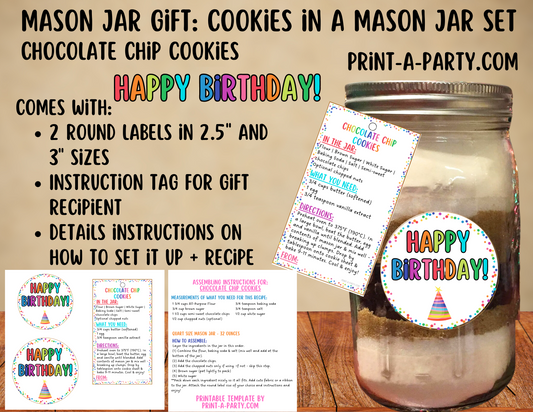 MASON JAR COOKIE GIFT: Birthday Chocolate Chip Cookies in a Mason Jar | Cookie in a jar Birthday Gift | Mason Jar Gift Kit | Mason Jar Gift Idea | Birthday Gift Idea | Birthday Cookies