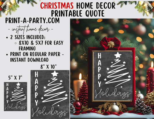 HAPPY HOLIDAYS Printable Sign chalkboard | Holiday Wall Art | Christmas Quote Word Art | 8x10 and 5x7 Instant Download