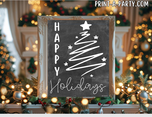 HAPPY HOLIDAYS Printable Sign chalkboard | Holiday Wall Art | Christmas Quote Word Art | 8x10 and 5x7 Instant Download